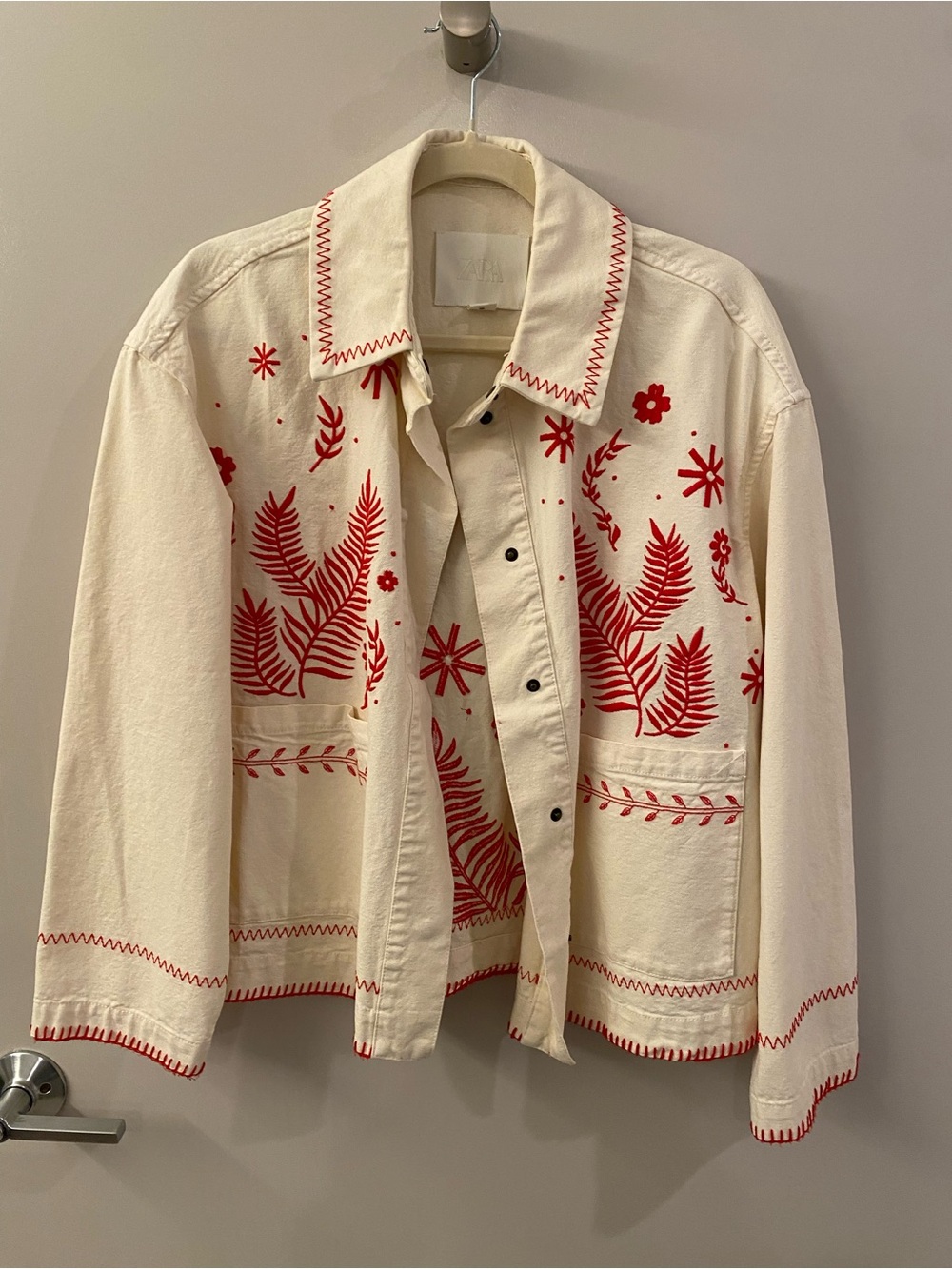 Zara Cream Jean Jacket with Red Floral Embroidery
